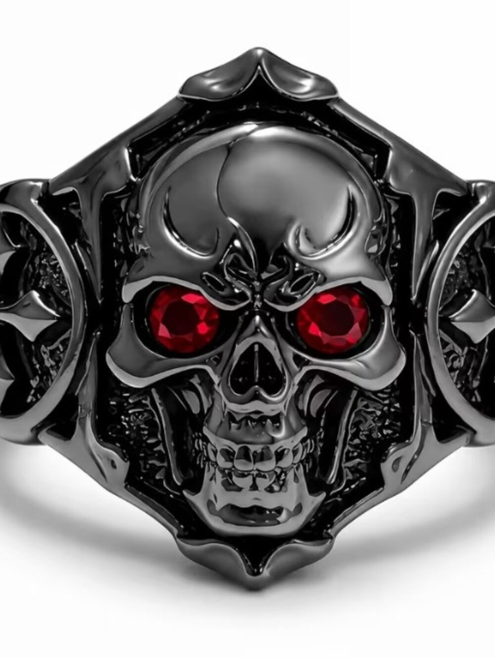 Gothic Gunmetal Skull Ring Red Eye Skull & Cross Statement Ring Size 10 Cosplay